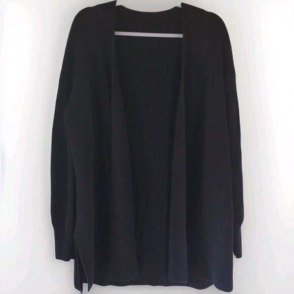 Ann Taylor Chunky Ribbed Knit Cashmere Blend Cardigan Black Open Sweater L-XL - Picture 1 of 5